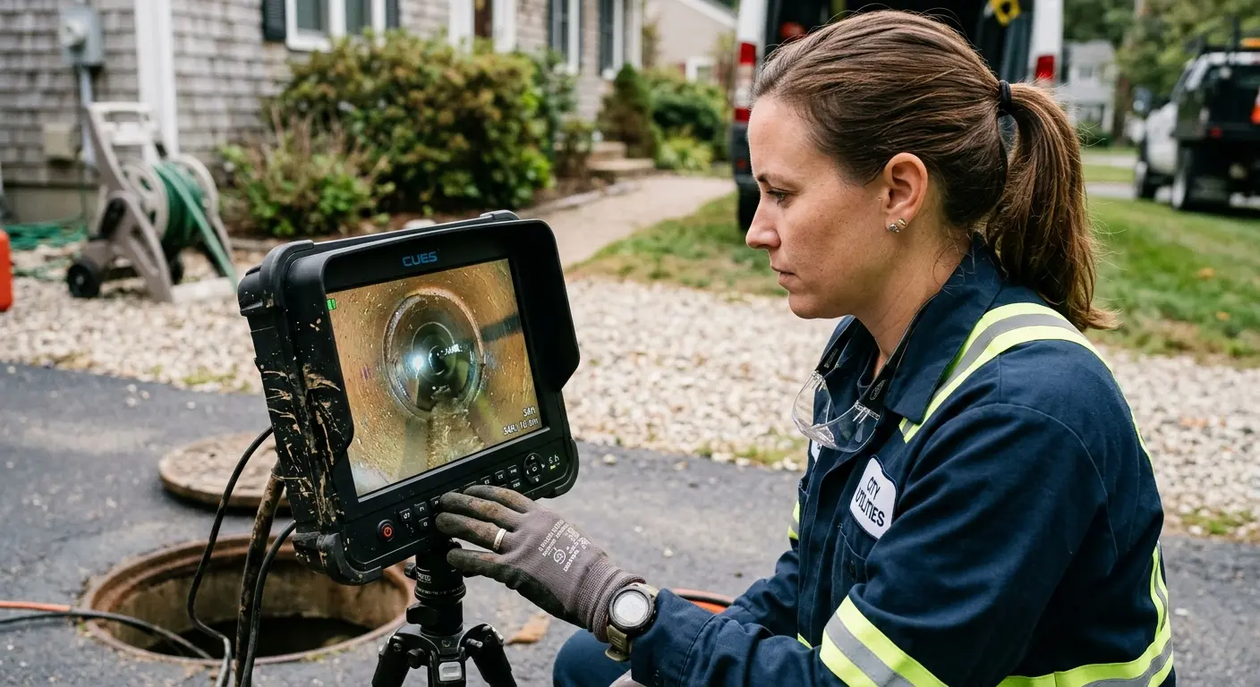 Technician reviewing sewer camera inspection footage in La Joya