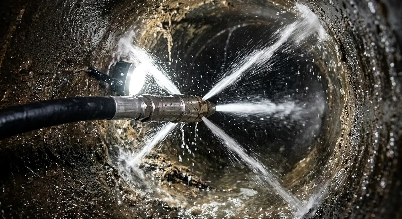 High-pressure hydro jetting nozzle cleaning sewer pipe for Trenchless Sewer Repair in La Joya