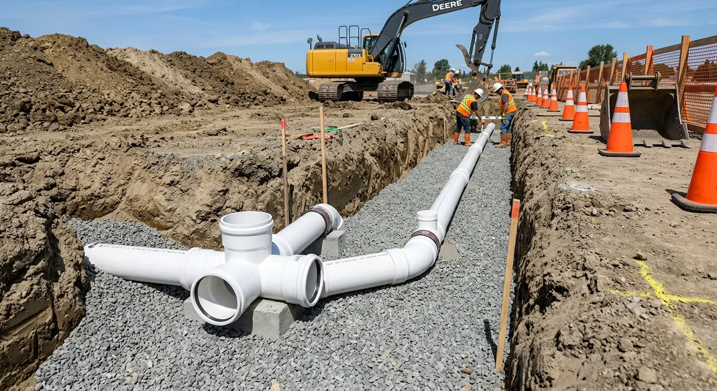 New PVC sewer pipe installation in open trench for Sewer Backup in La Joya
