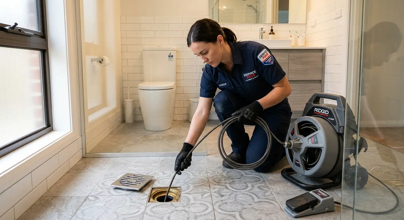 Technician clearing a bathroom floor drain for Drain Cleaning in La Joya